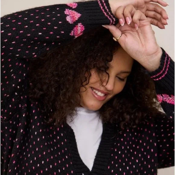 Torrid Cardigan Drop Shoulder V-Neck Button Front Sweater With Hearts Size 5X - Picture 2 of 15